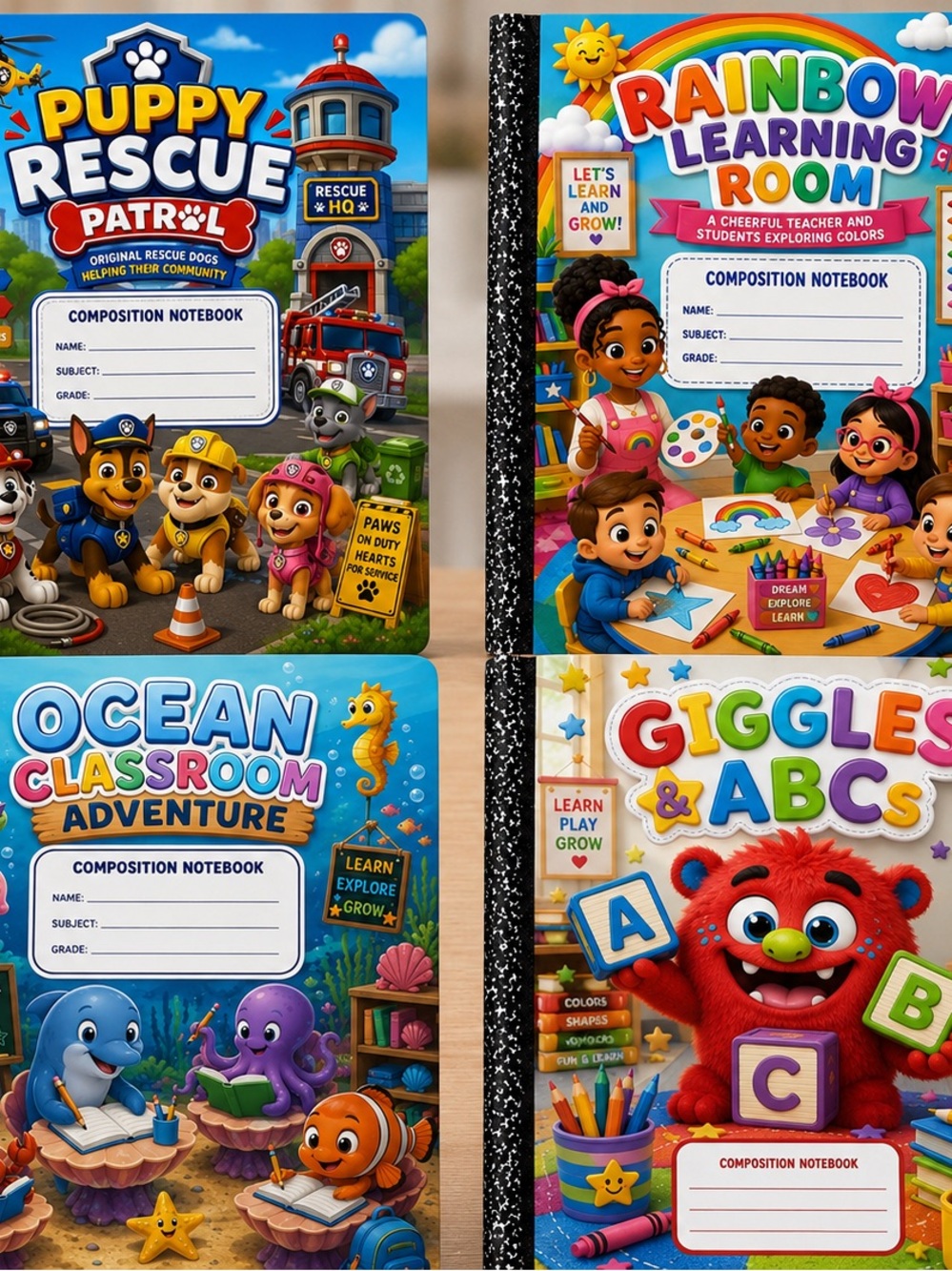 Set of 4 Kids Composition Notebooks | Colorful Classroom Notebooks